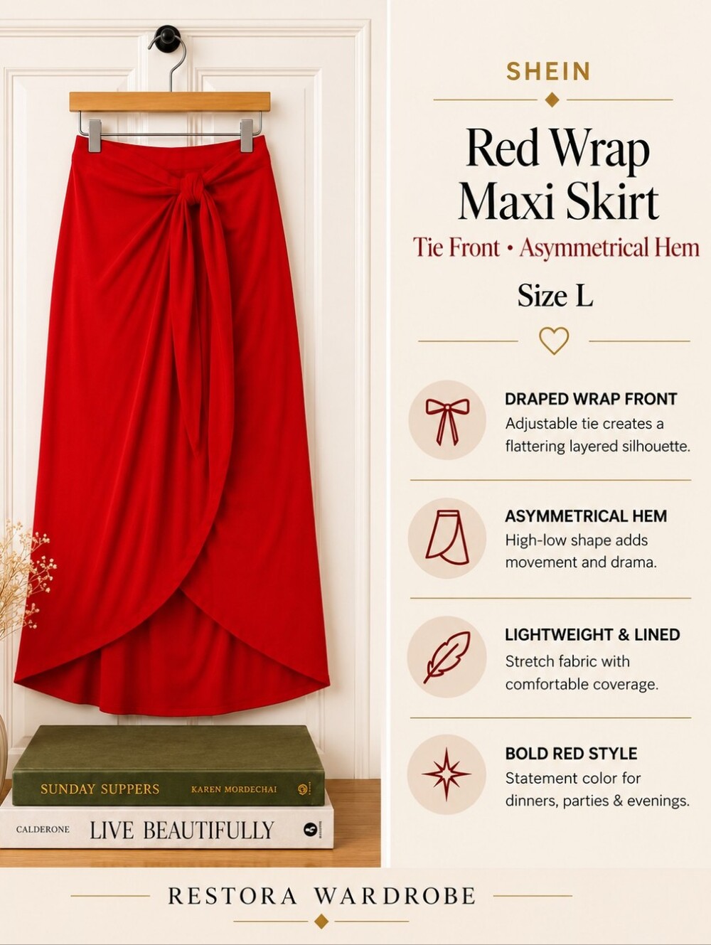 SHEIN Red Wrap Maxi Skirt Asymmetrical High Low Romantic L